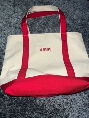Lands End Boat Yacht
 Canvas Tote Bag with Red Trim - Personalized Initials GUC